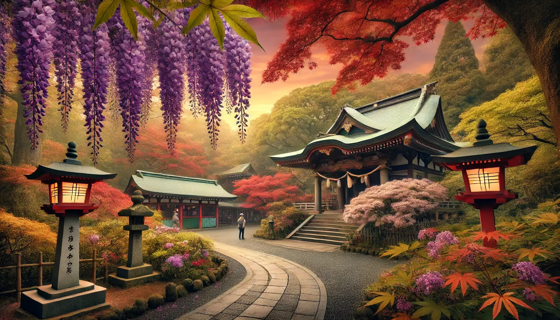 東京白山神社的寧靜場景，展示了神社周圍的美麗季節風景。前景中，紫藤花懸掛在空中，周圍是紅葉和