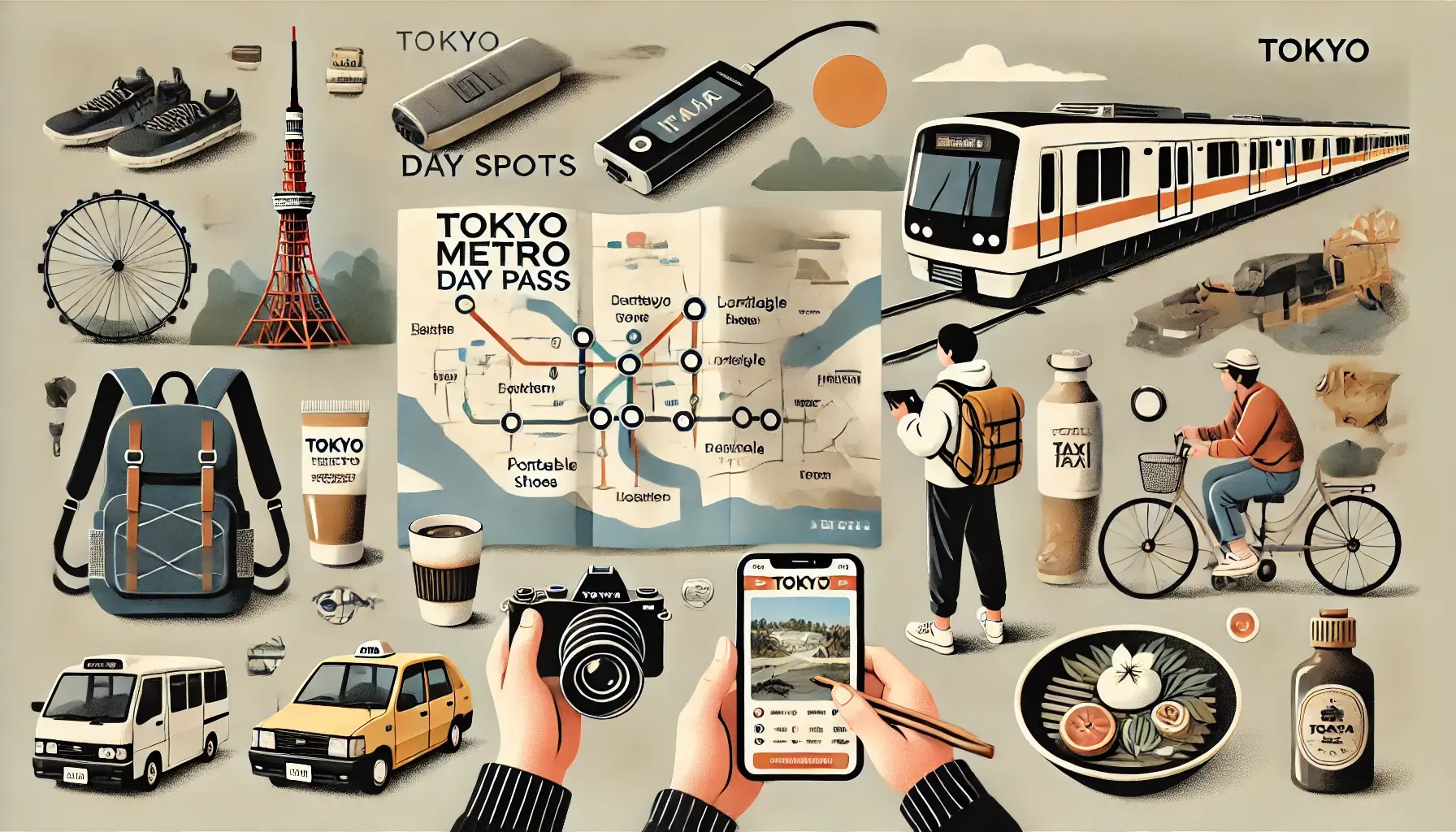 東京旅遊指南，包含東京地鐵一日券、地圖和一些重要的旅遊提示。圖片還包括攝影機、背包、計程車、咖啡、食物，以及旅遊中的其他相關物品。